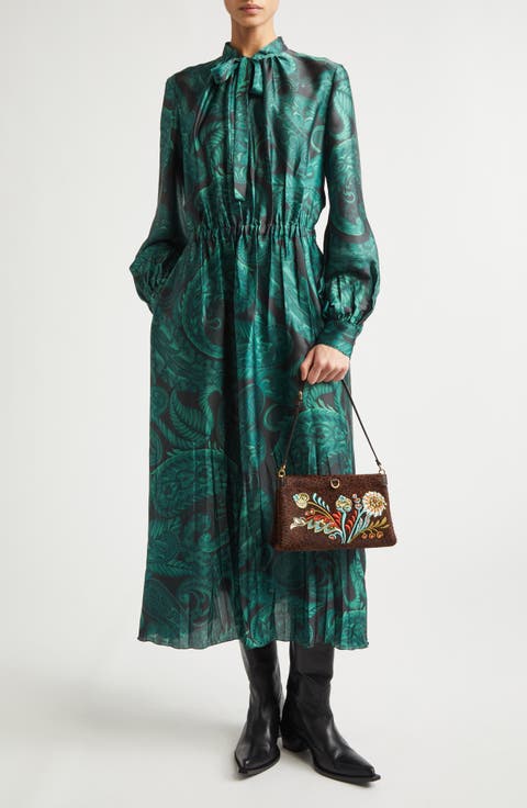 Paisley Print Gathered Long Sleeve Shirtdress