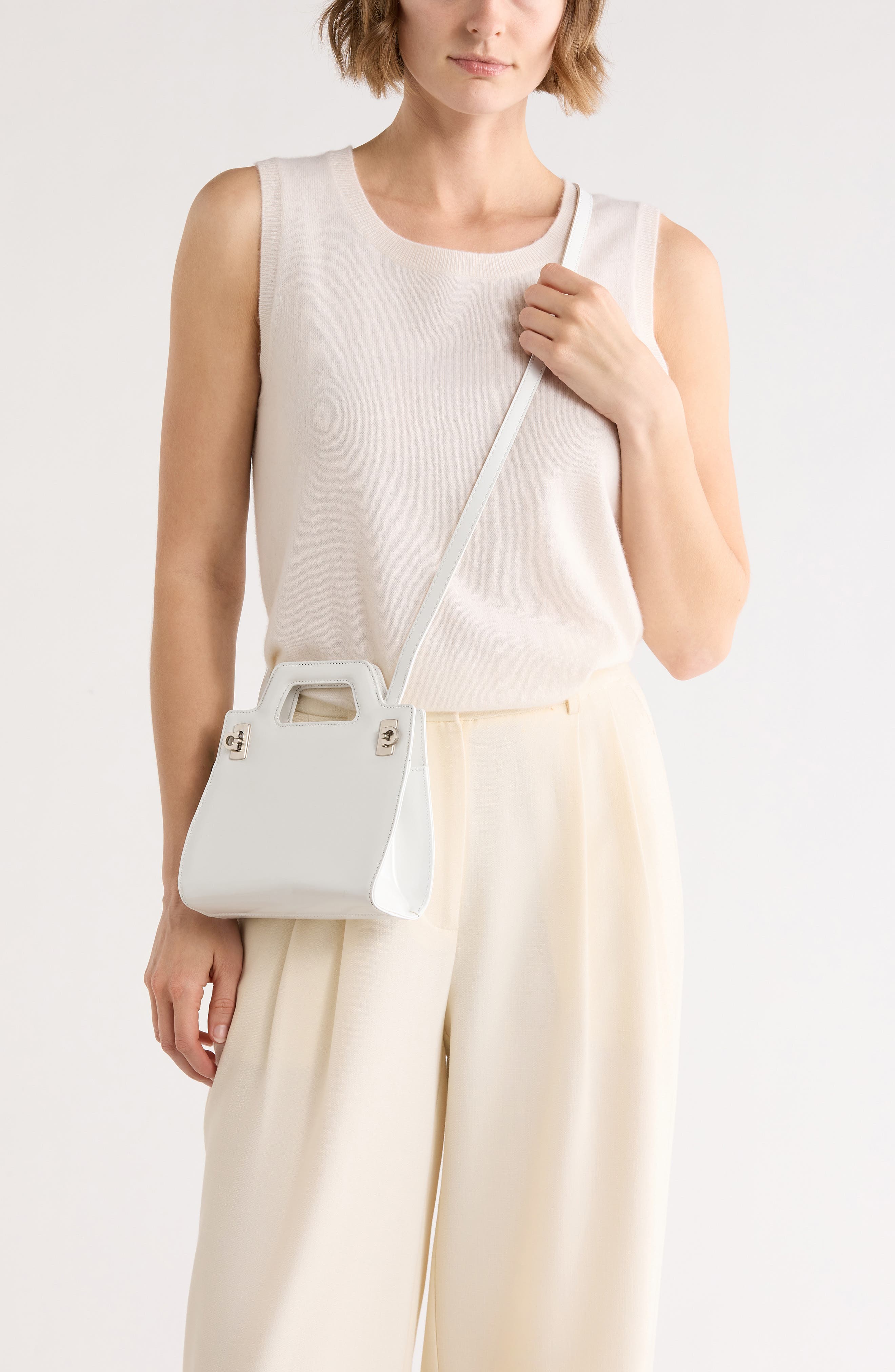 FERRAGAMO Mini Wanda Leather Top Handle Bag, Alternate, color, White