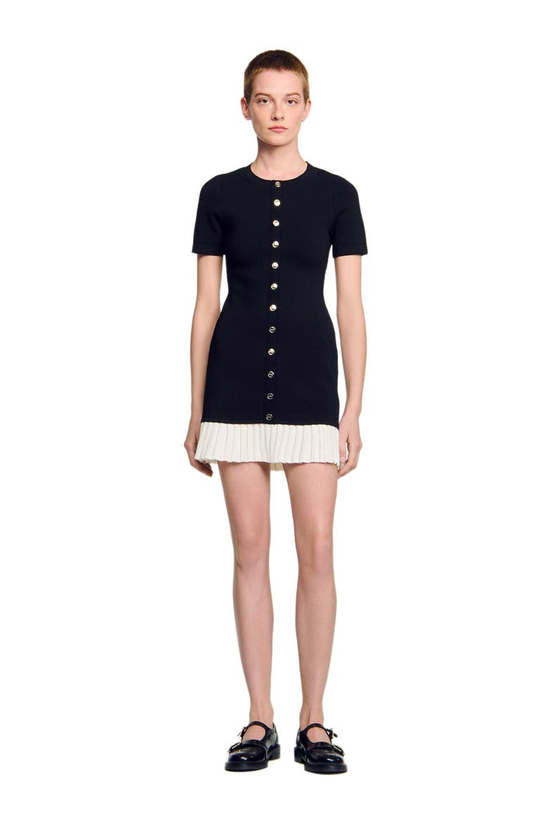 mini knit dress with ruffle, Main, color, Black / ecru