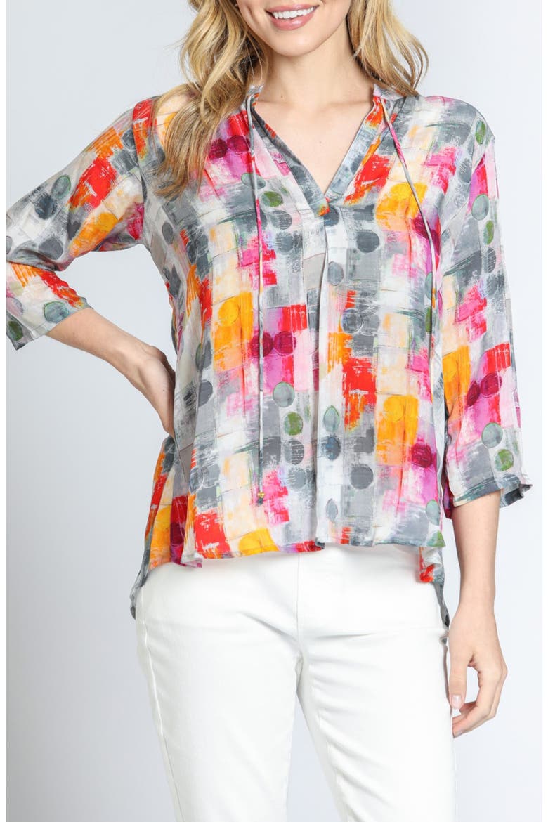 Print Tassel Split Neck Chiffon Top, Main, color, GREY/ PINK MULTI