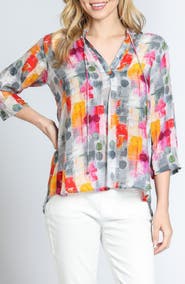 APNY Print Tassel Split Neck Chiffon Top