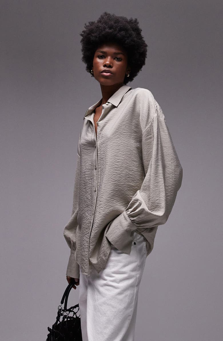 Topshop Textured Ruched Button-Up Shirt, Main, color, 
