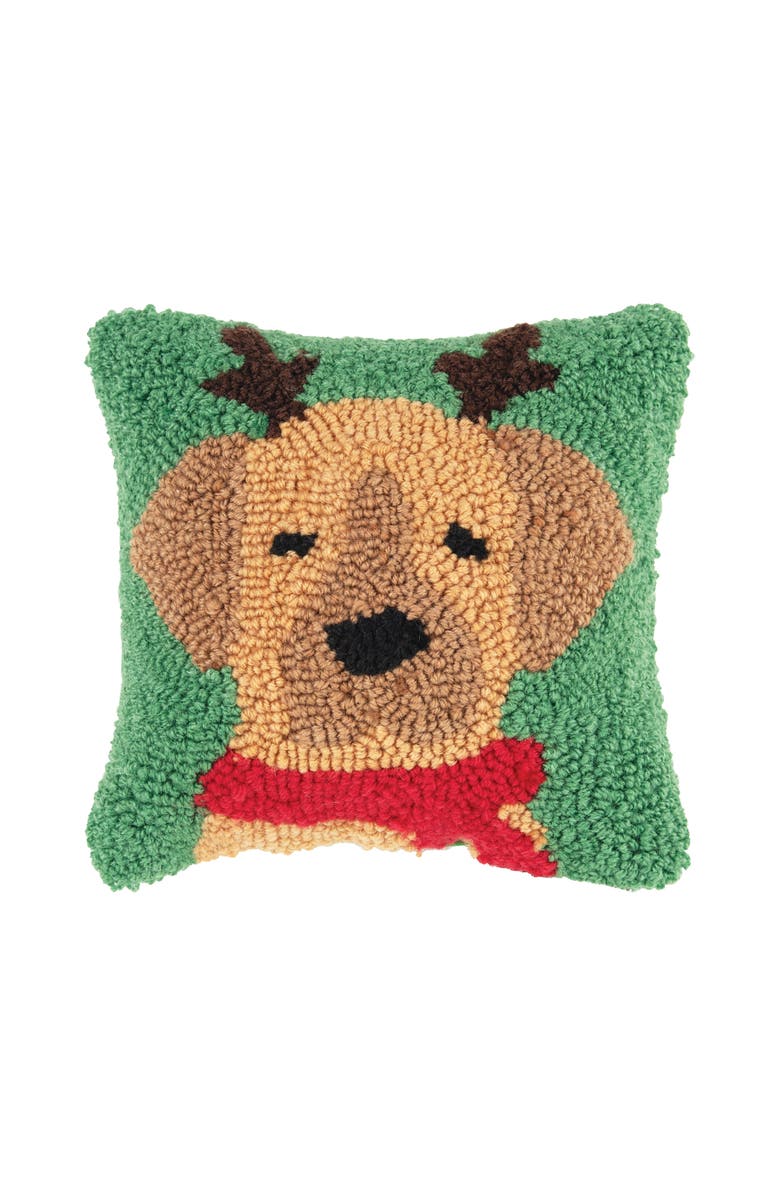 C&F Home Brown Puppy Dog Wearing Reindeer Antlers Mini Hooked Christmas Accent Pillow 8" x 8", Main, color, 