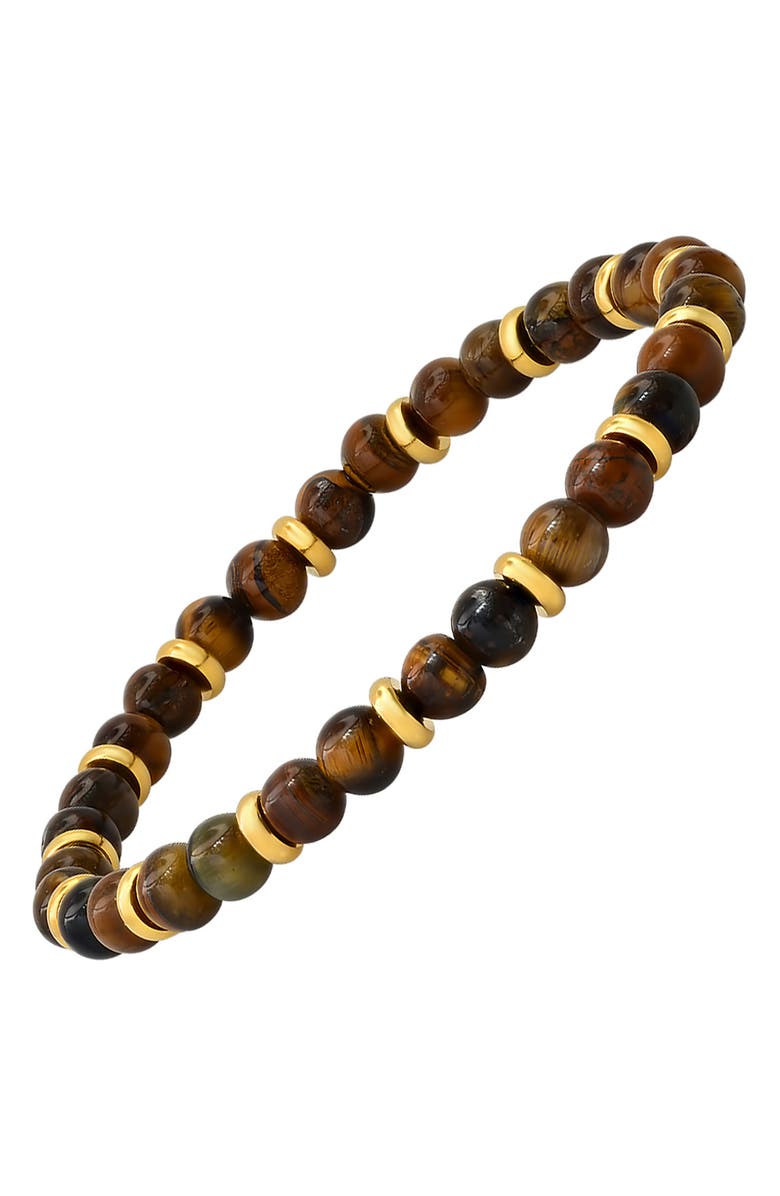 HMY JEWELRY Men's 18K Gold Plated Tiger's Eye Beaded Stretch Bracelet, Alternate, color, Brown/ Yellow