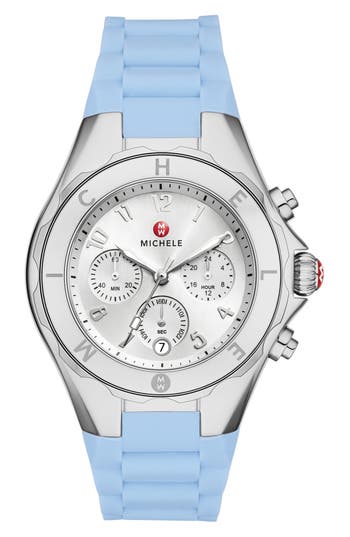 Michele Jellybean Silicone Strap Watch, 38mm In Blue/silver