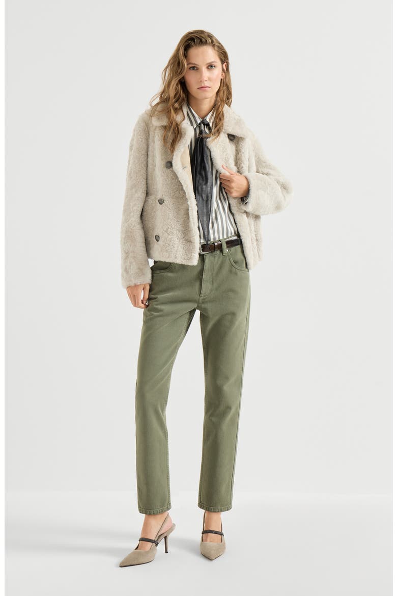 Dyed denim five-pocket straight trousers with shiny bartack, Alternate, color, Green