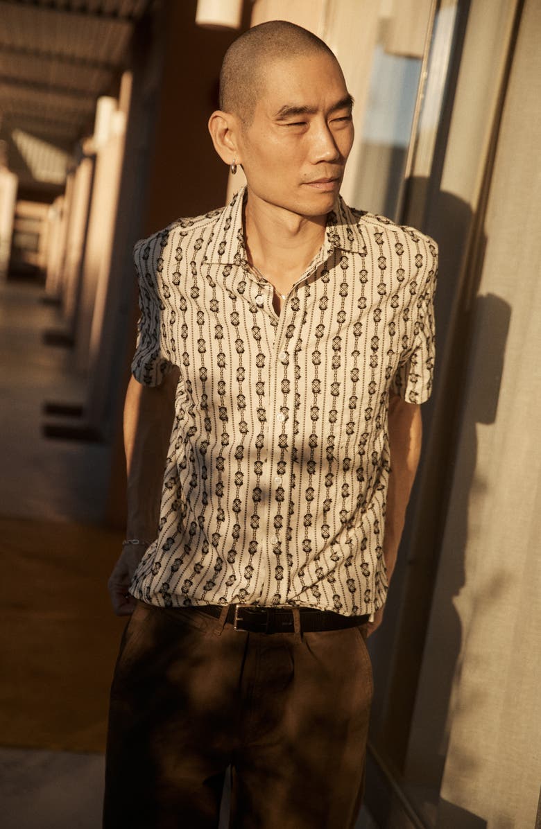 Billy Reid BoucléTrim Short Sleeve Button-Up Shirt, Alternate, color, Black/ White