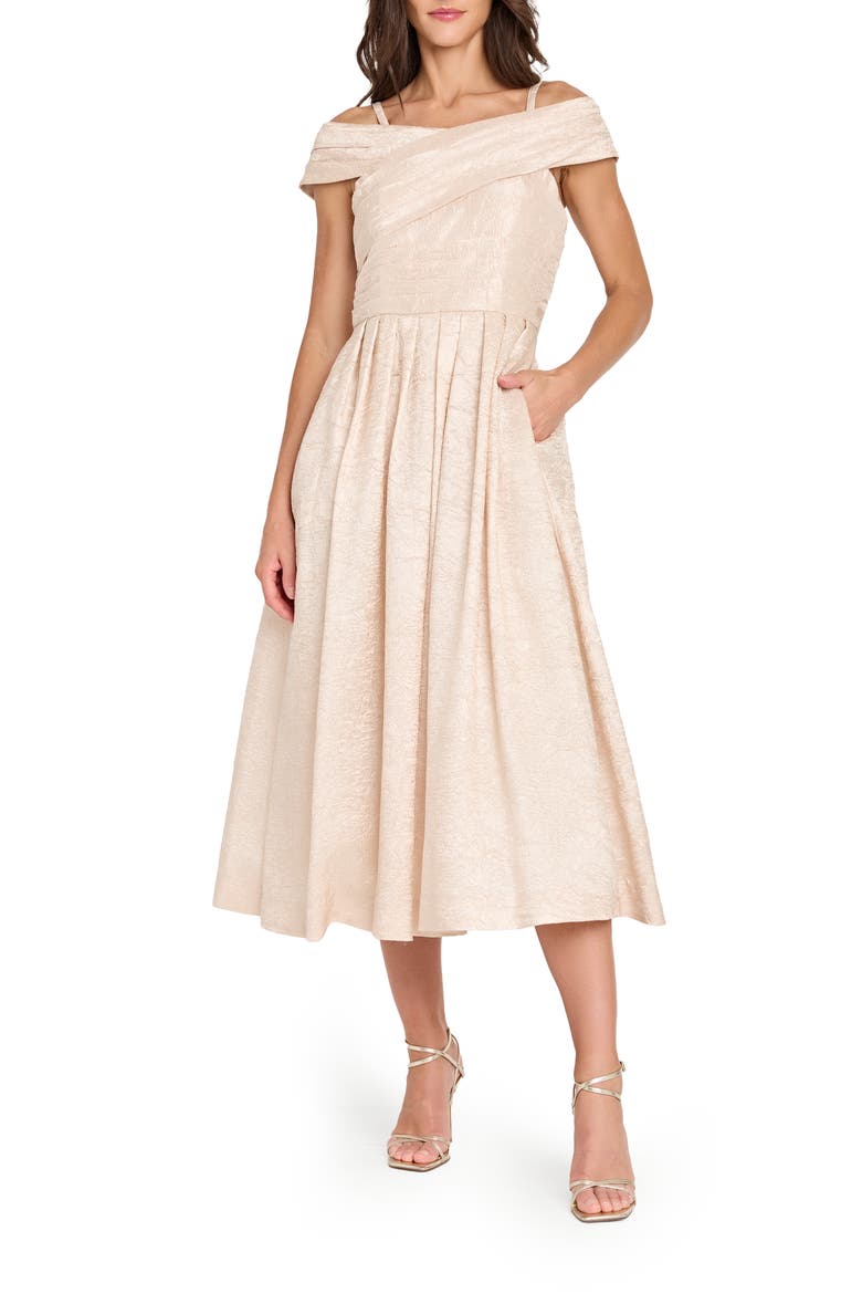 Crushed Taffeta Cold-Shoulder Fit & Flare Cocktail Dress, Main, color, CHAMPAGNE