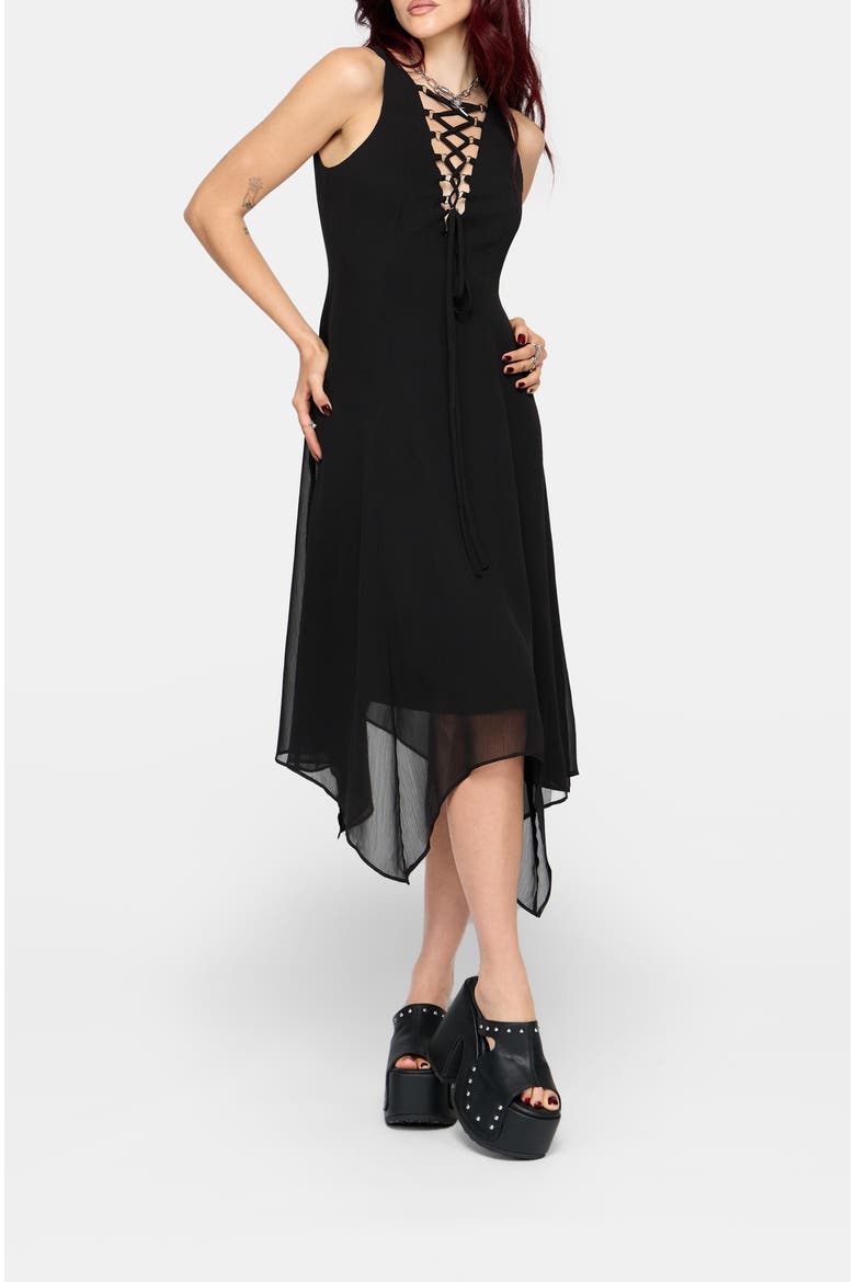 Luciana Lace Up Neck Chiffon Midi Dress, Main, color, Black