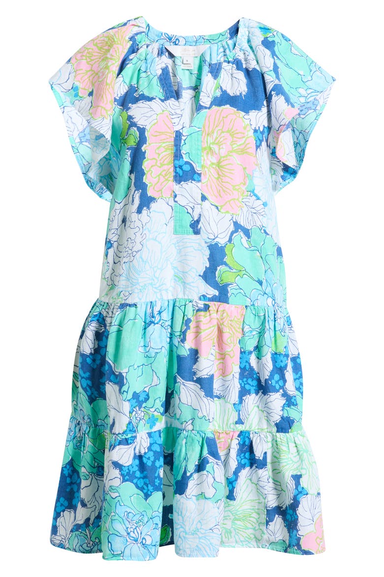 Norella Print Ruffle Linen Dress, Alternate, color, STARLIGHT NAVY