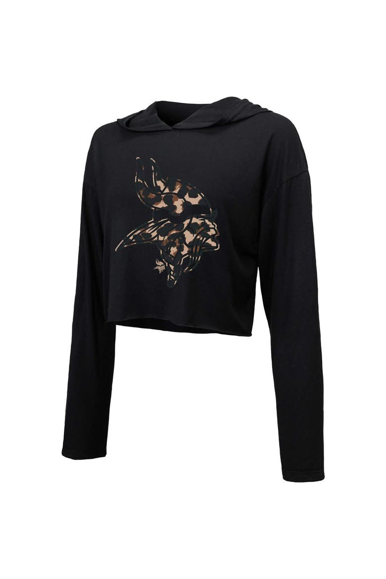 Women's Majestic Threads Black Minnesota Vikings Leopard Cropped Pullover Hoodie, Alternate, color, Black