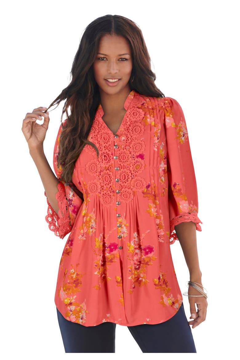 Plus Size Juliet Lace Trim Button Down Shirt, Main, color, Orange