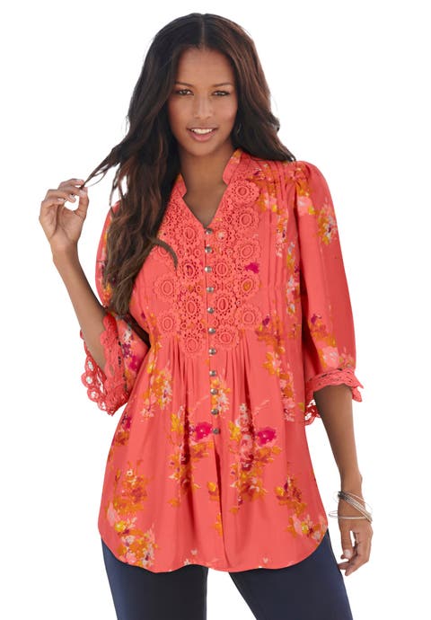 Plus Size Juliet Lace Trim Button-Down Shirt (Plus)