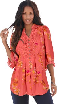Roaman's Plus Size Juliet Lace Trim Button Down Shirt