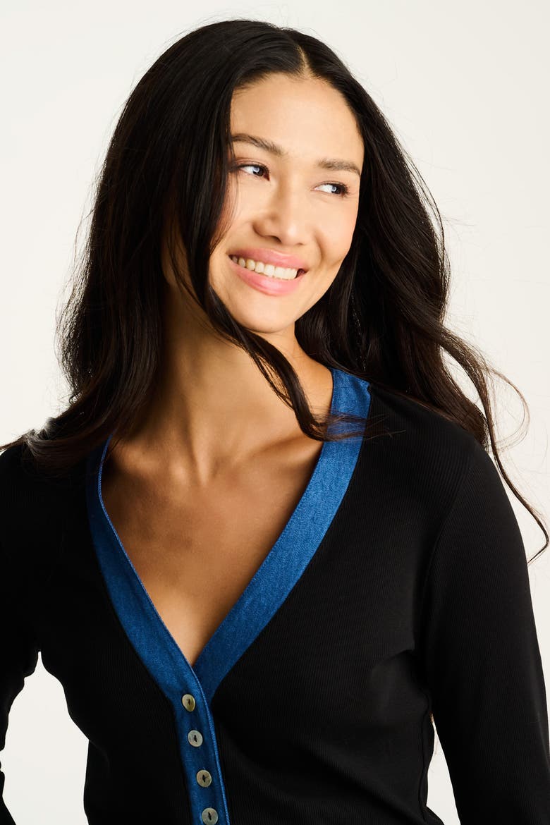 Pure Pima Rib V Henley, Alternate, color, Black