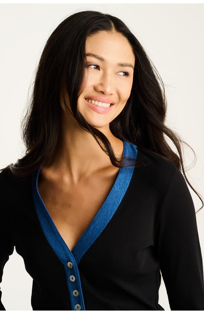 Lisa Todd Pure Pima Rib V Henley, Alternate, color, Black