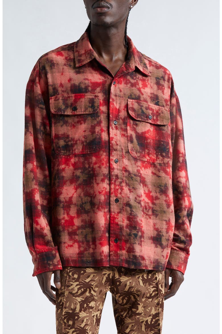 Curved Logo Plaid Button-Up Shirt, Main, color, RED OFF WHITE