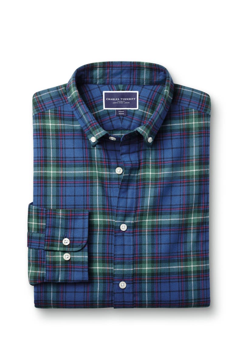 Slim Fit Button-Down Collar Brushed Flannel Check Shirt, Alternate, color, Green