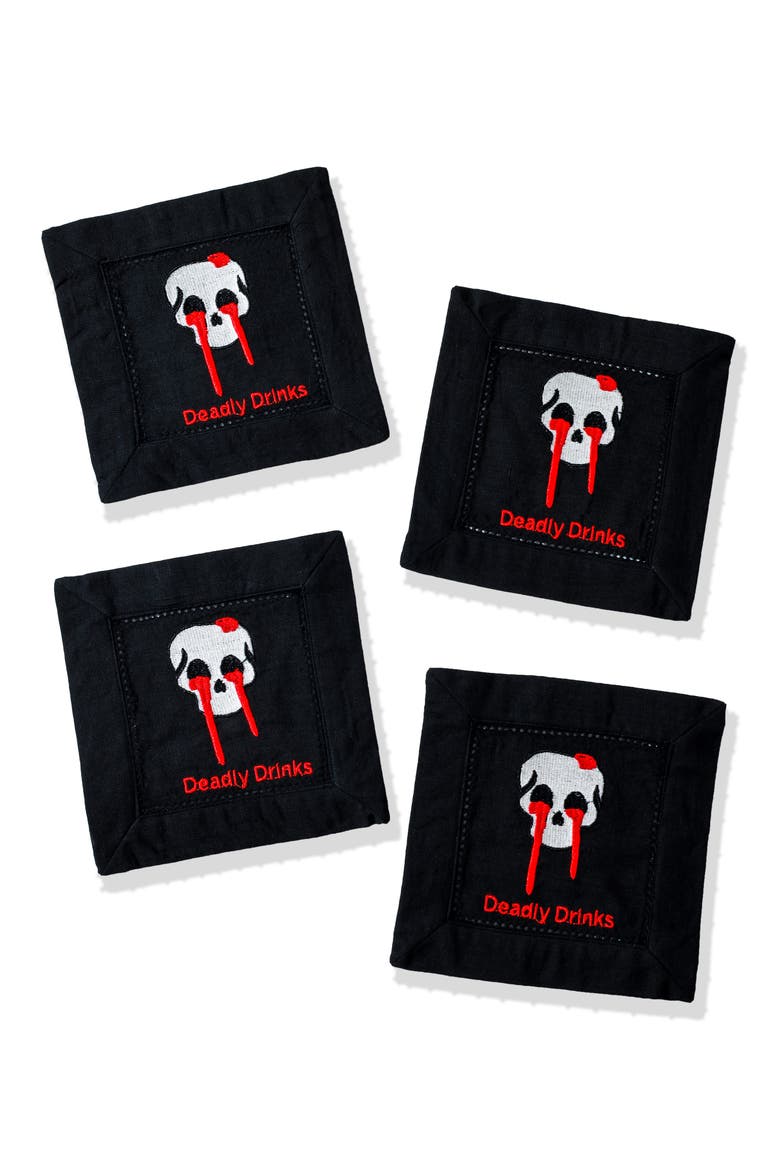 Deadly Drinks Embroidered Linen Cocktail Napkins, Main, color, BLACK/ RED