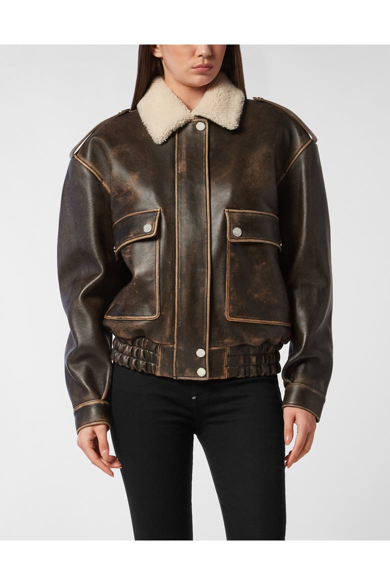 Leather Jacket Signature Women, Main, color, brown
