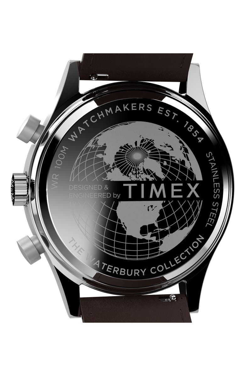 Timex<sup>®</sup> Waterbury Traditional Fly Back Chronograph Leather Strap Watch, 43mm, Alternate, color, Brown