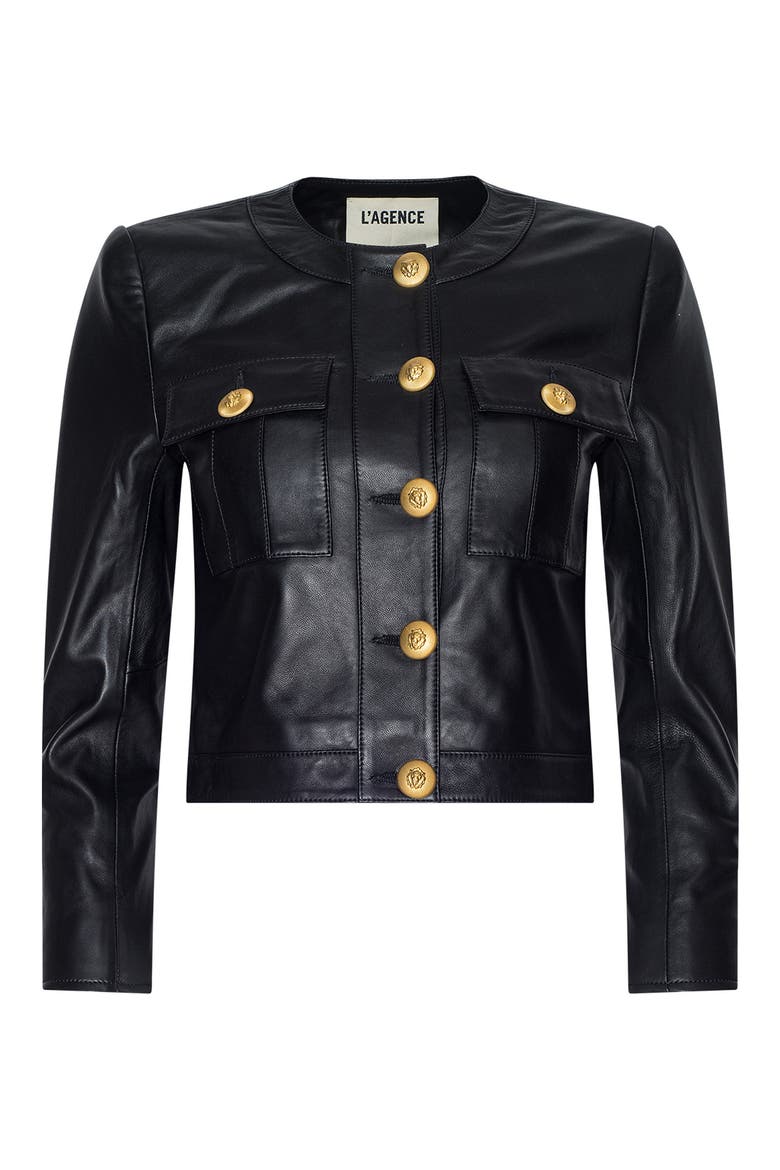 Deidra Collarless Leather Jacket, Alternate, color, BLACK