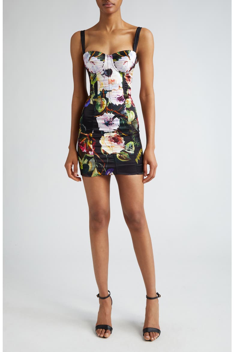 Rose Garden Print Satin Corset Mini Dress, Main, color, NERO