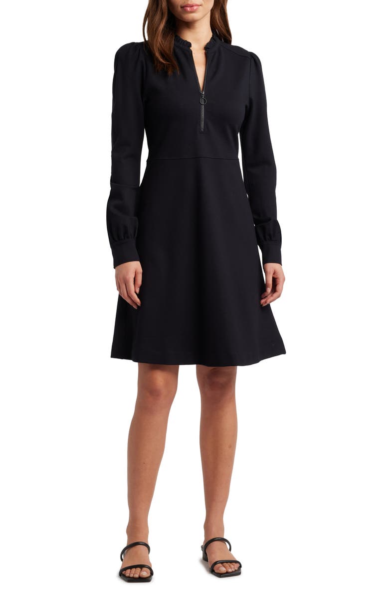 Caslon<sup>®</sup> Zip-Front Long Sleeve Ponte Dress, Main, color, Black