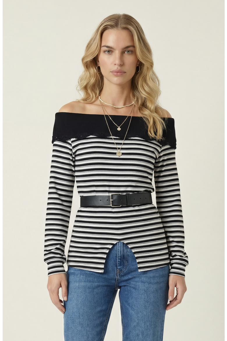 Off Shoulder Striped Knit Belted Top, Main, color, Black / White / Grey
