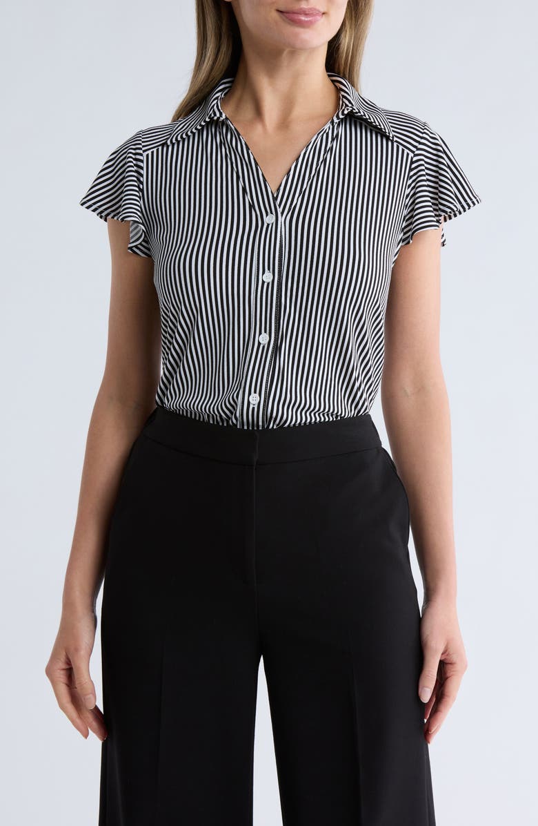 Flutter Sleeve Knit Button-Up Shirt