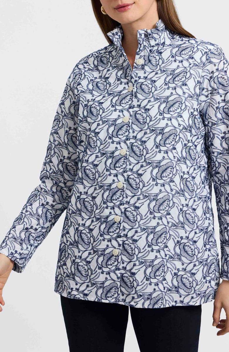 Foxcroft Carolina Floral Embroidered Cotton Button-Up Shirt, Alternate, color, White/Navy