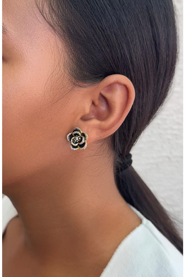 Cubic Zirconia Black Enamel Floral Stud Earrings, Alternate, color, BLACK
