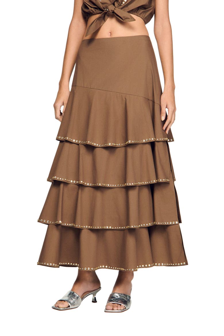 Long ruffled rhinestone skirt, Main, color, Brown