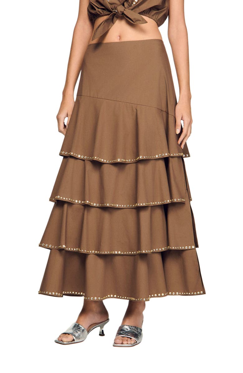 SANDRO Long ruffled rhinestone skirt, Main, color, Brown