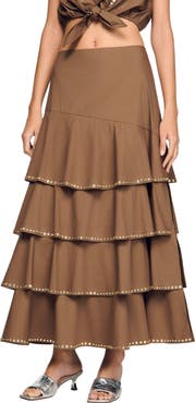 SANDRO Long ruffled rhinestone skirt