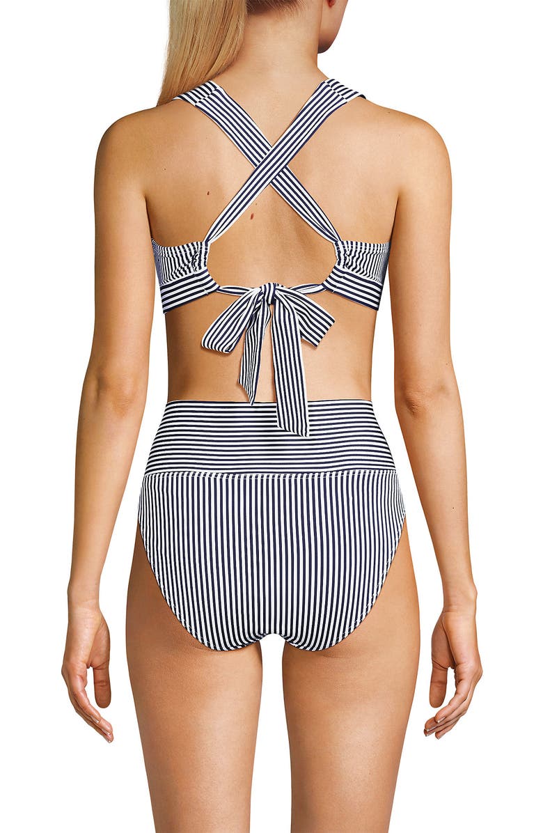 Lands' End Chlorine Resistant V-neck Midkini Swimsuit Top and High Leg High Waisted Bottoms 2 Piece Set, Alternate, color, Deep Sea Navy Mini Stripe