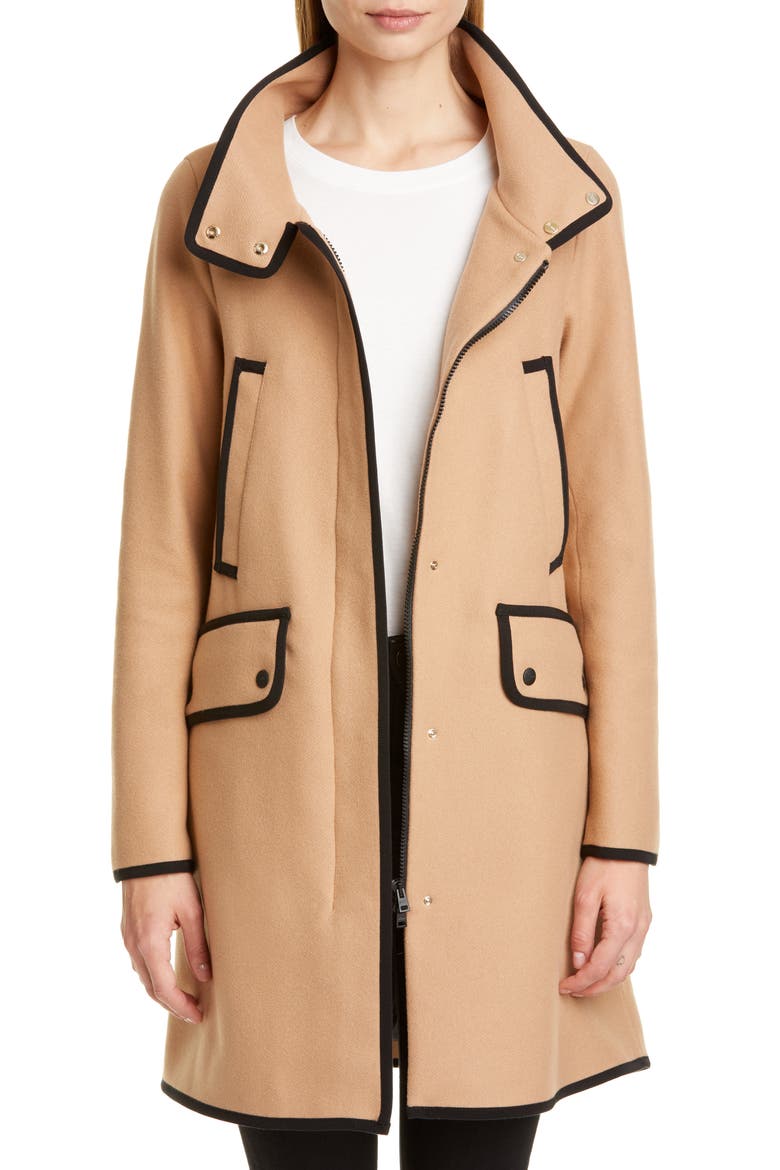 Contrast Trim A-Line Coat with Removable Windblocker, Alternate, color, CAMEL/ BLACK