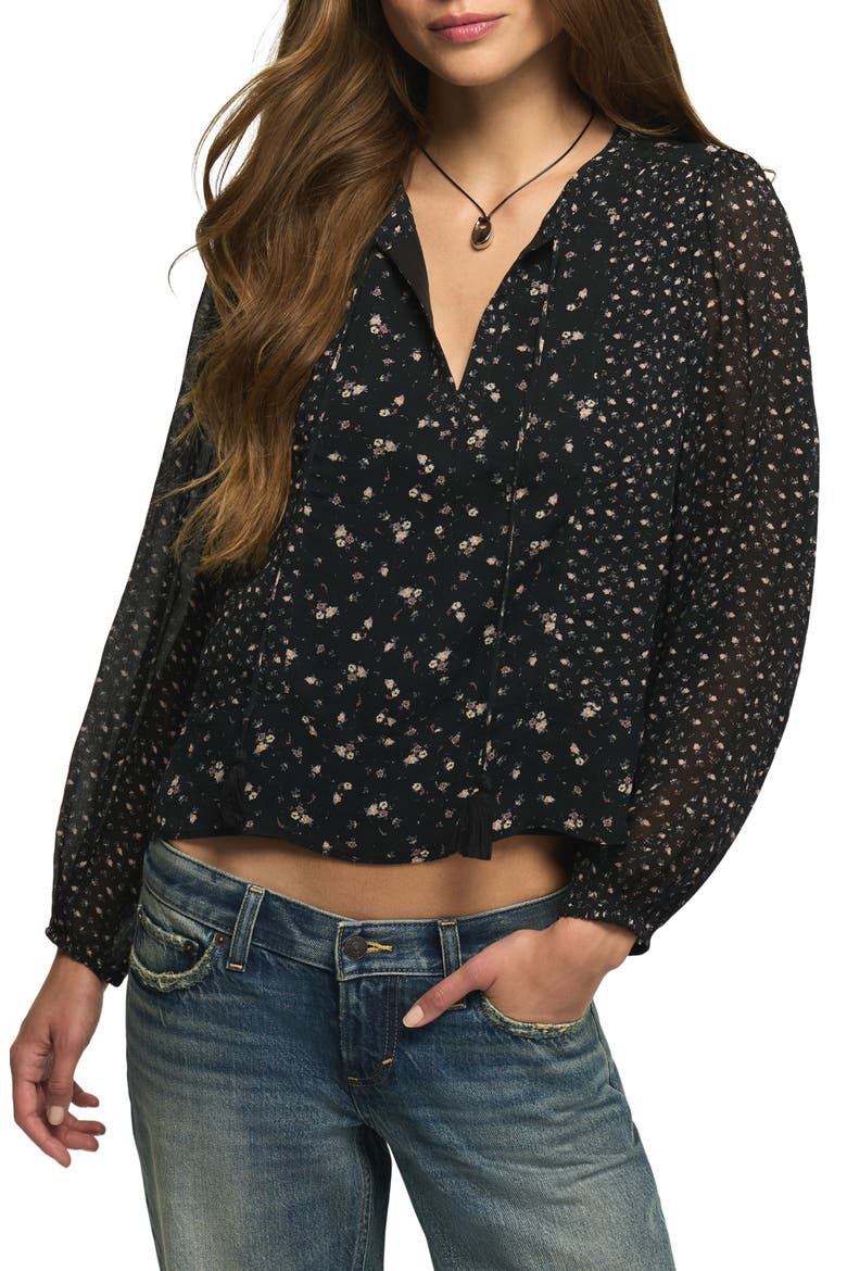Print Tie Neck Crop Peasant Top, Main, color, BLACK PRINT MIX