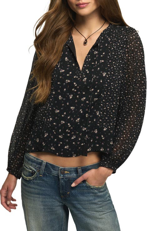 Print Tie Neck Crop Peasant Top