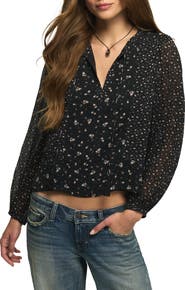 Lucky Brand Print Tie Neck Crop Peasant Top