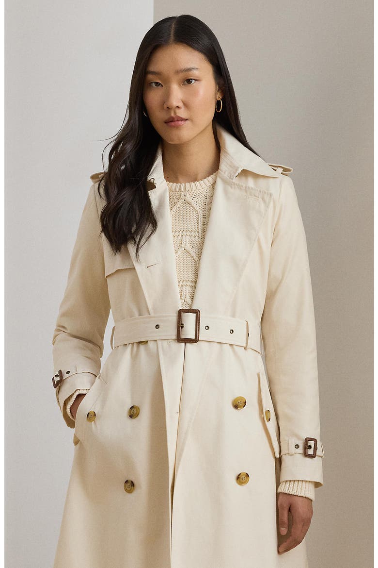 Double Breasted Belted Rain Trench Coat, Alternate, color, MASCARPONE