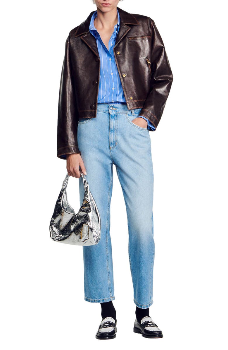 SANDRO Lovely Heart Cutout Stripe Button-Up Shirt, Alternate, color, 