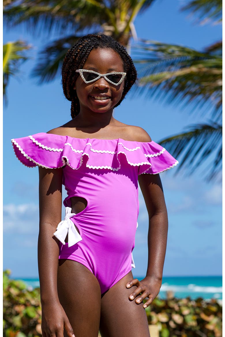 Off-Shoulder Side Cut-Out and Bows One-Piece Swimsuit, Alternate, color, Purple