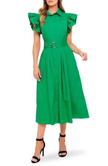 Flying Tomato Ruffle Cap Sleeve Belted Midi Shirtdress In Green