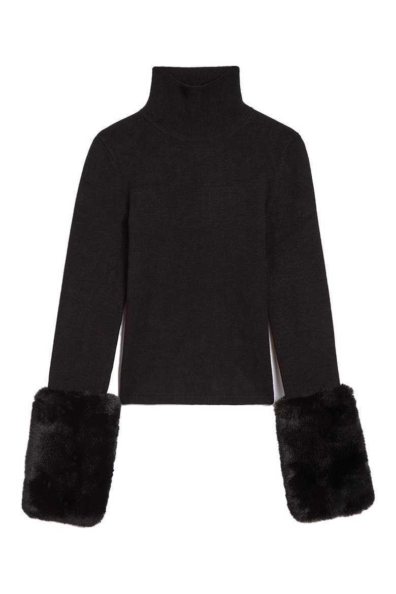 Pluche™ Faux Fur Cuff Turtleneck Sweater, Alternate, color, NOIR / NOIR
