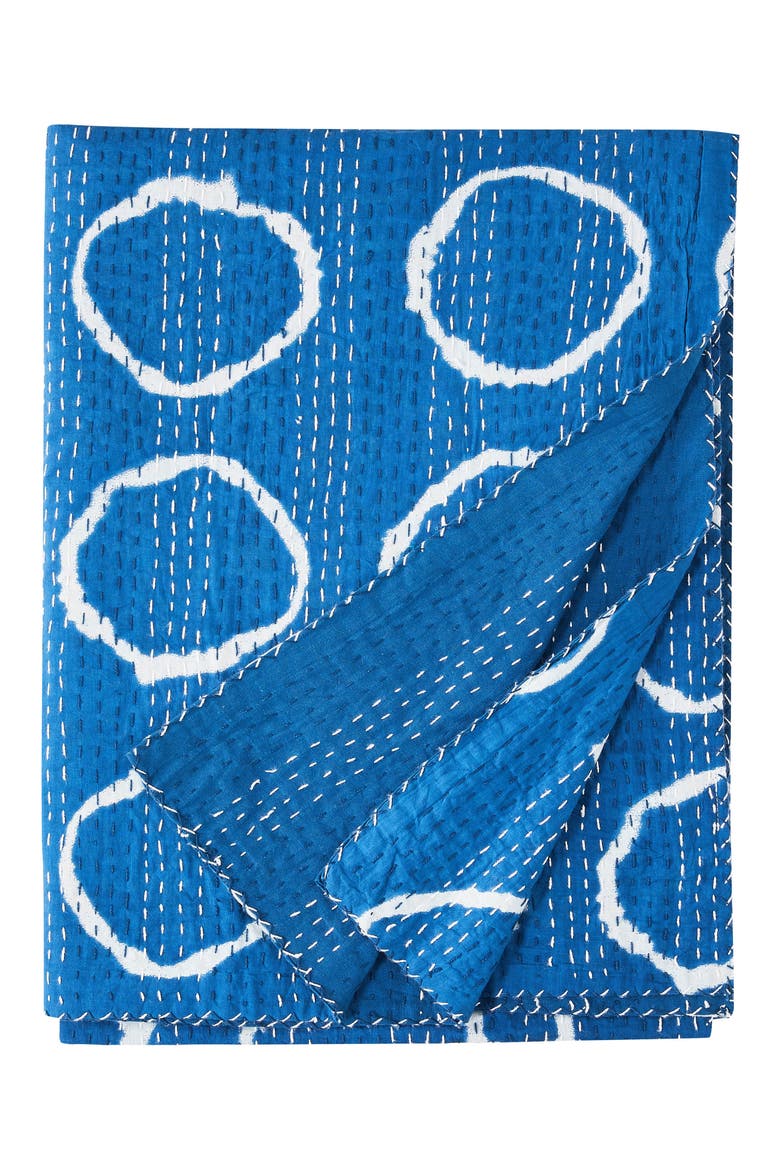 Circles Kantha Cotton Throw Blanket, Main, color, INDIGO
