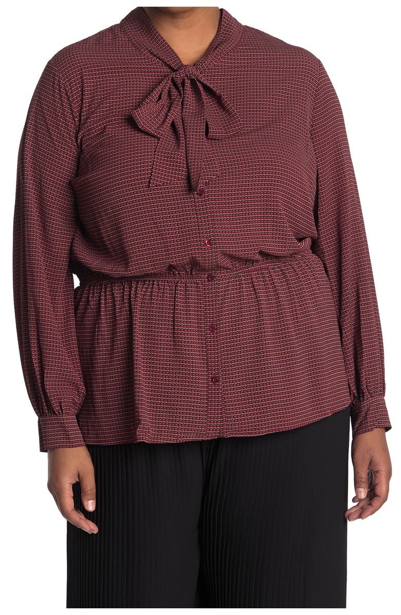 Pleione Tie Neck Button-Down Geometric Print Peplum Blouse, Main, color, 