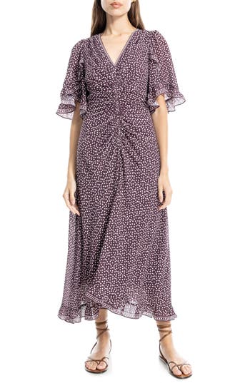 Max Studio Ruffle Sleeve Midi Dress In Wine/cream Stndrd Polka Dot