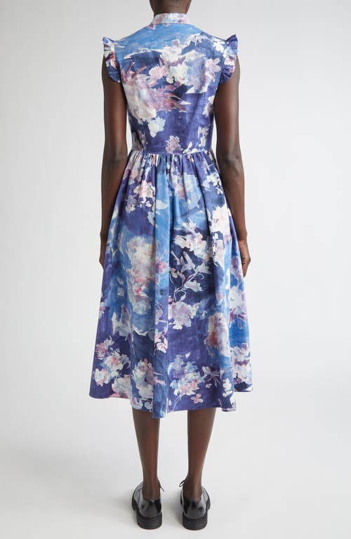 Erdem Floral Print Sleeveless Crinkled Satin Midi Dress In Blue