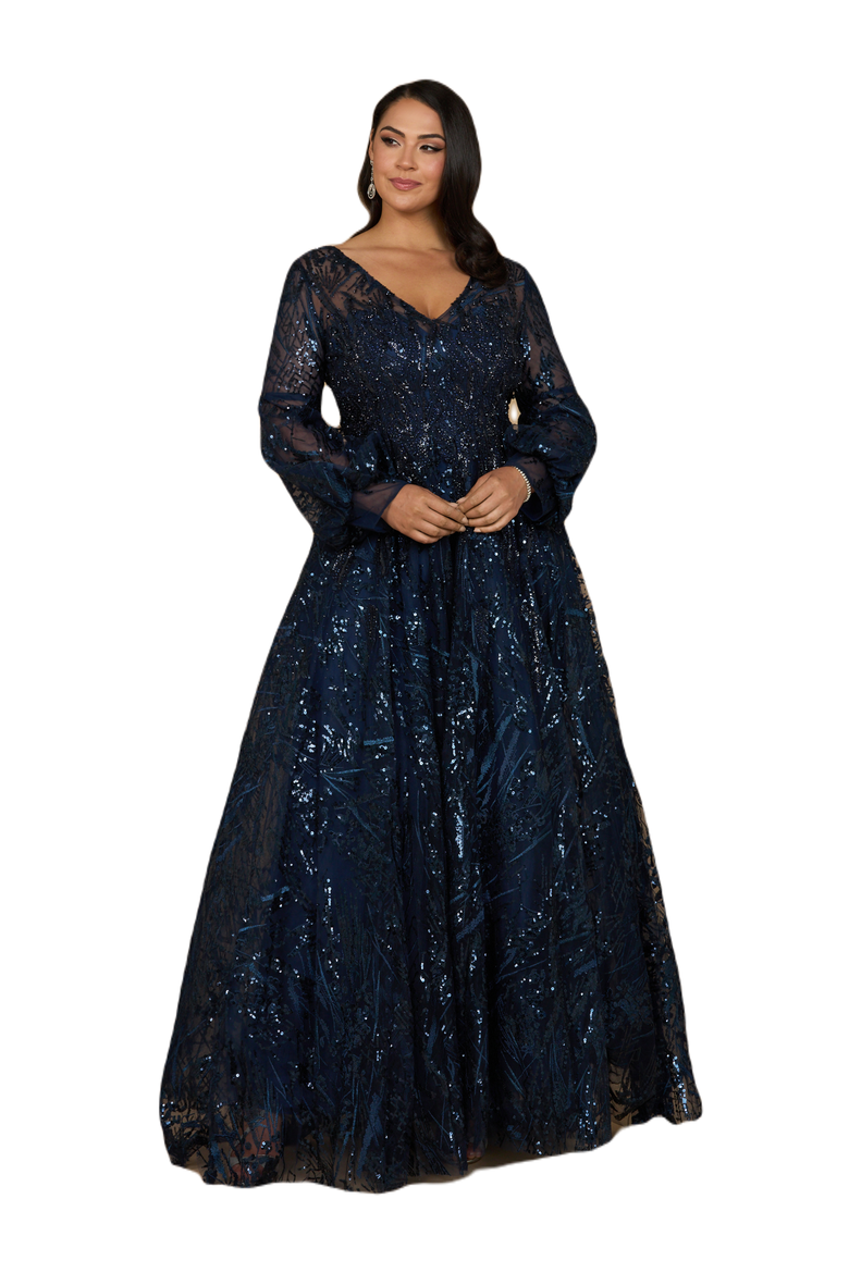 V Neckline Long Sleeve Gown, Alternate, color, Navy